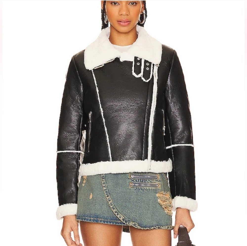 NWOT Revolve Genna Superdown Women's Black Faux Fur Leather Shearling Jacket-S